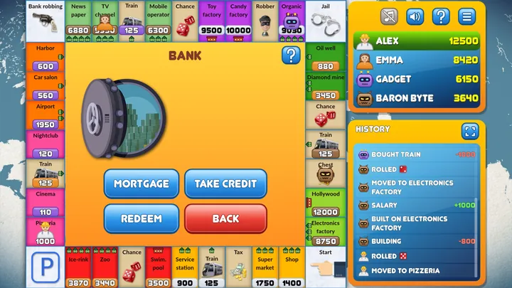 The bank screen, offering credit, mortgage and redemption.