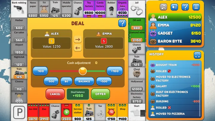 The trade screen, with properties and cash offered by each side.