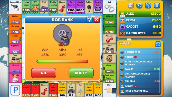 The bank robbery screen, showing the odds of each outcome.