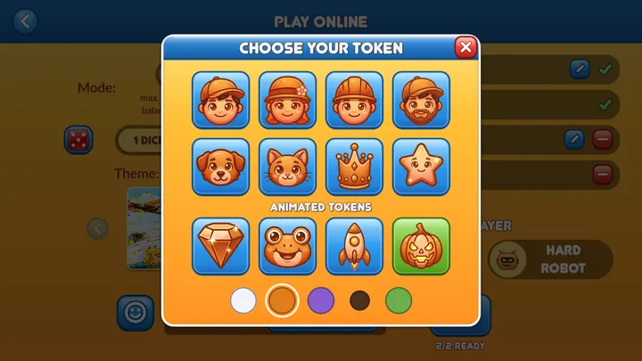 The token picker, with twelve figures and a row of colours.